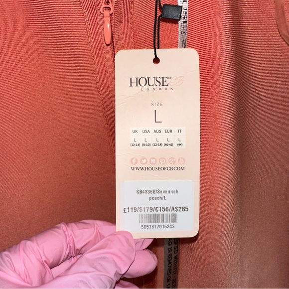 House of CB London Savannah V-Neck Low Plunge Bodycon Dress in Peach Size L - Picture 8 of 15